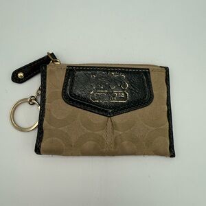 Coach Beige‎ Brown Signature C Jacquard Canvas Key Coin Pouch Leather Trim